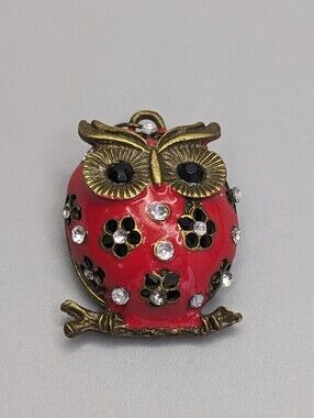 Vintage Bronze Enamel Owl Pendant Hollow Two Piece Boho Collectible Jewelry 70s